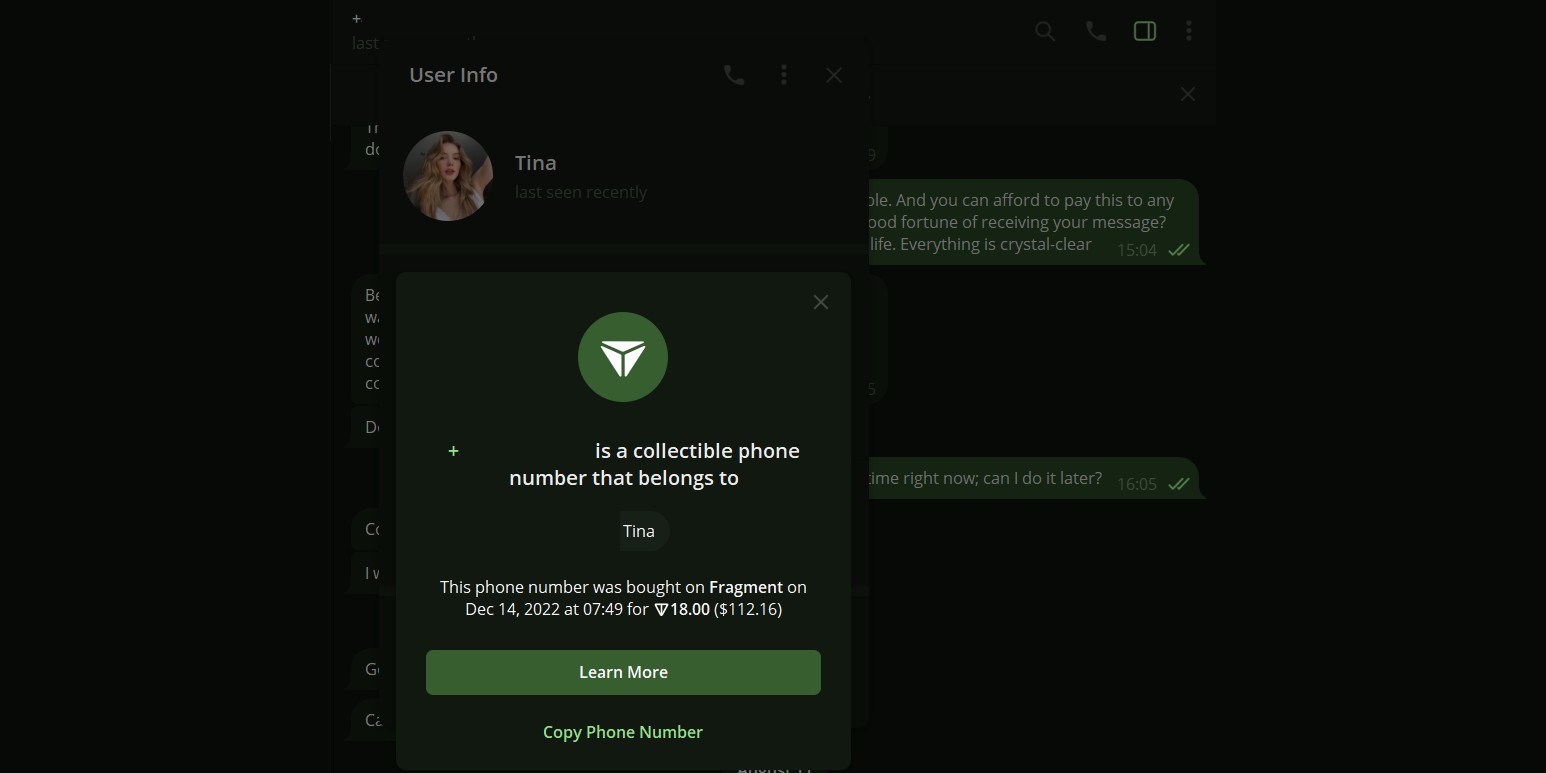 Ứng dụng Telegram cho thấy người dùng đã mua số điện thoại trên Fragment