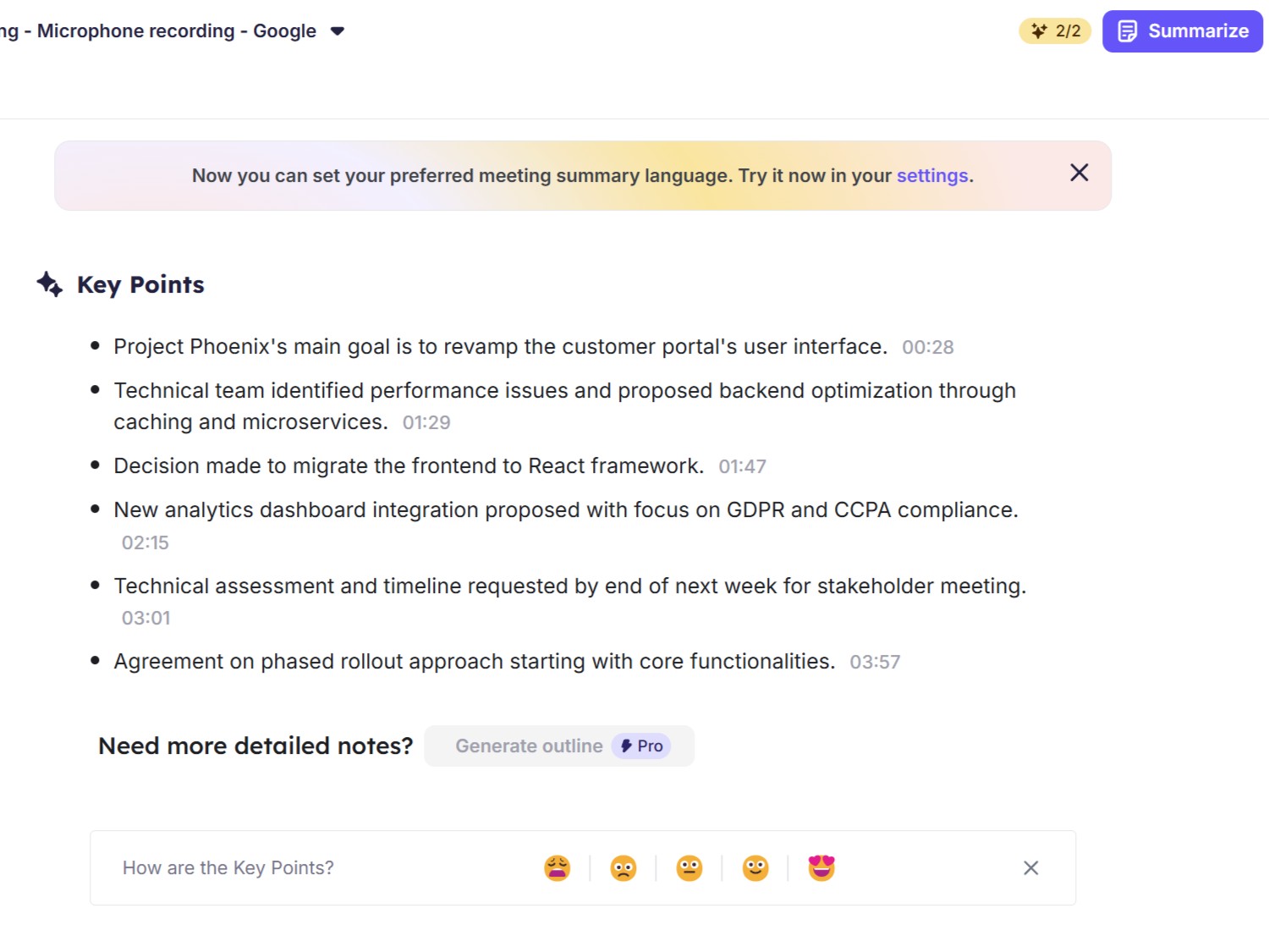 Ứng dụng web Krisp hiển thị tóm tắt cuộc họp theo điểm chính