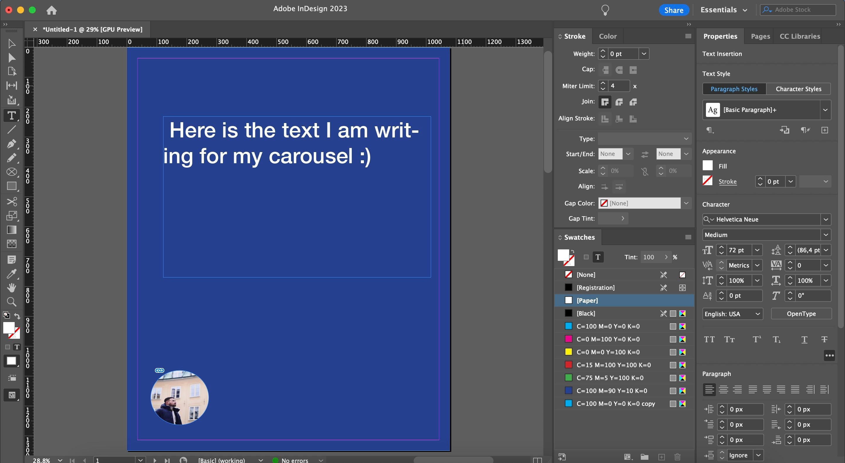 Văn bản được thêm vào ảnh chụp màn hình InDesign Carousel