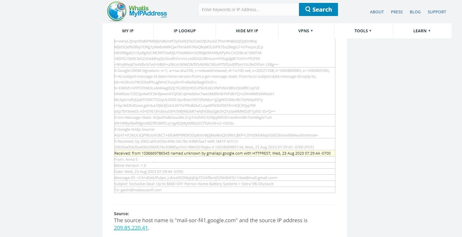 Ví dụ truy tìm địa chỉ email với địa chỉ IP