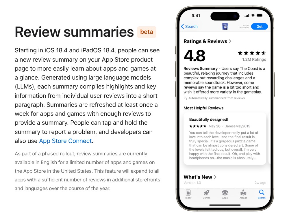 Ví dụ về tóm tắt đánh giá do AI tạo ra trên App Store của Apple