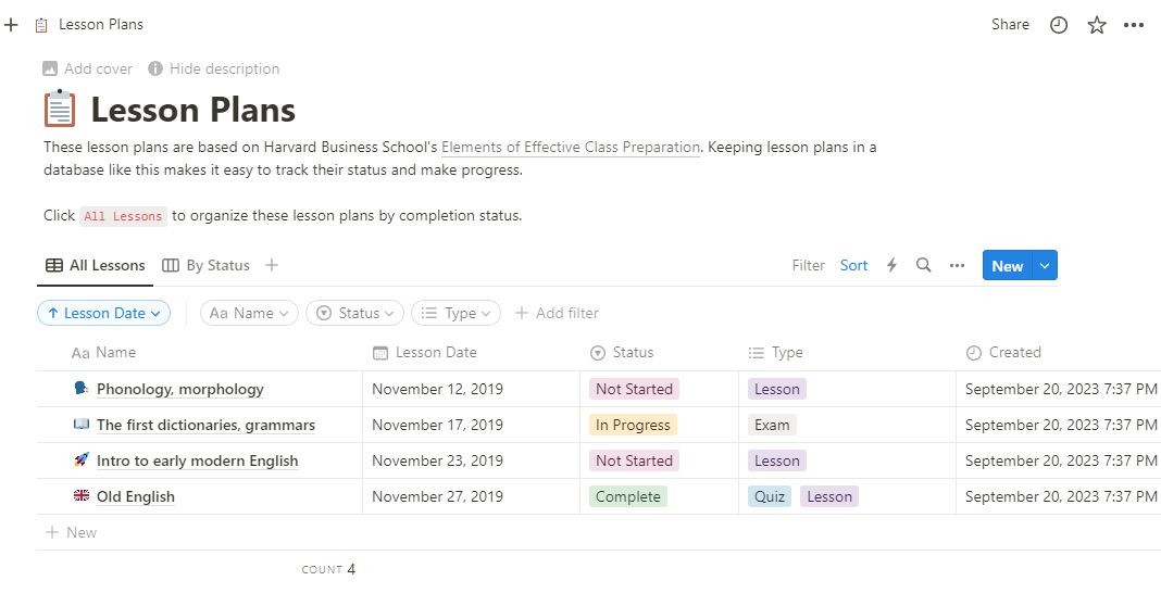 Ví dụ về trang Notion