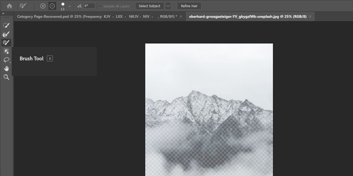 Vị trí của công cụ Brush trong không gian làm việc Select &amp; Mask trong Photoshop