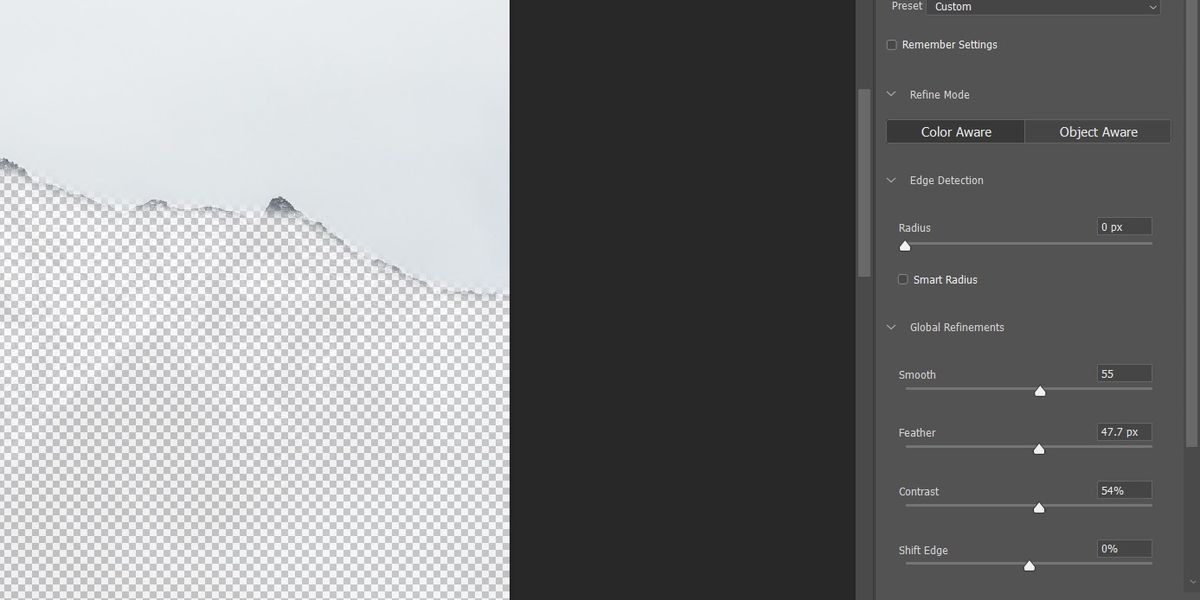 Vị trí của công cụ Contrast trong không gian làm việc Select &amp; Mask trong Photoshop