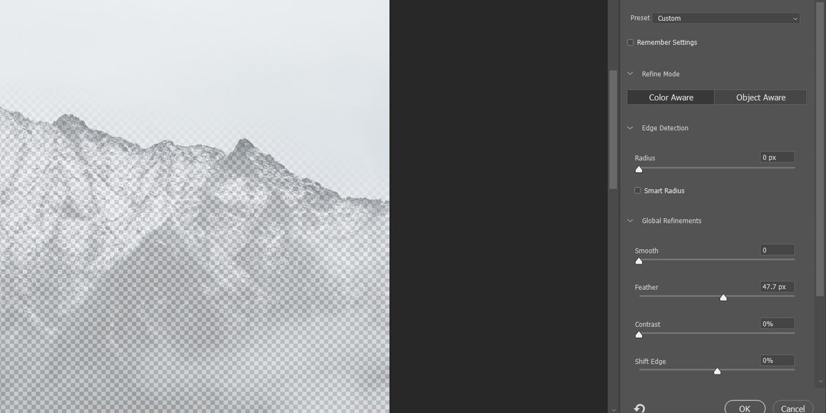 Vị trí của công cụ Feather trong không gian làm việc Select &amp; Mask trong Photoshop