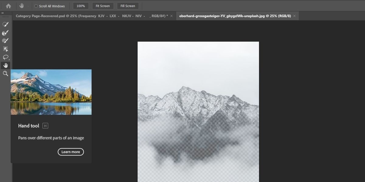Vị trí của công cụ Hand trong không gian làm việc Select &amp; Mask trong Photoshop
