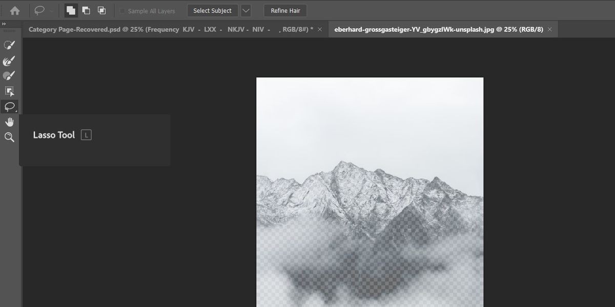 Vị trí của công cụ Lasso trong không gian làm việc Select &amp; Mask trong Photoshop