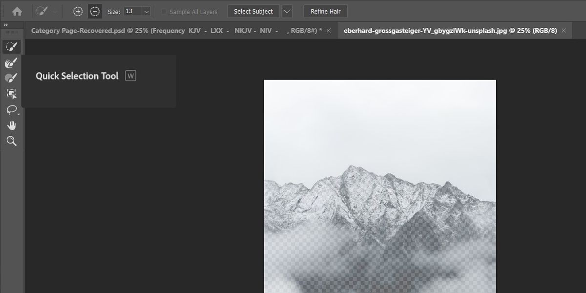 Vị trí của công cụ Quick Select trong không gian làm việc Select &amp; Mask trong Photoshop