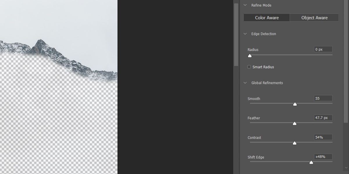 Vị trí của công cụ Shift Edge trong không gian làm việc Select &amp; Mask trong Photoshop