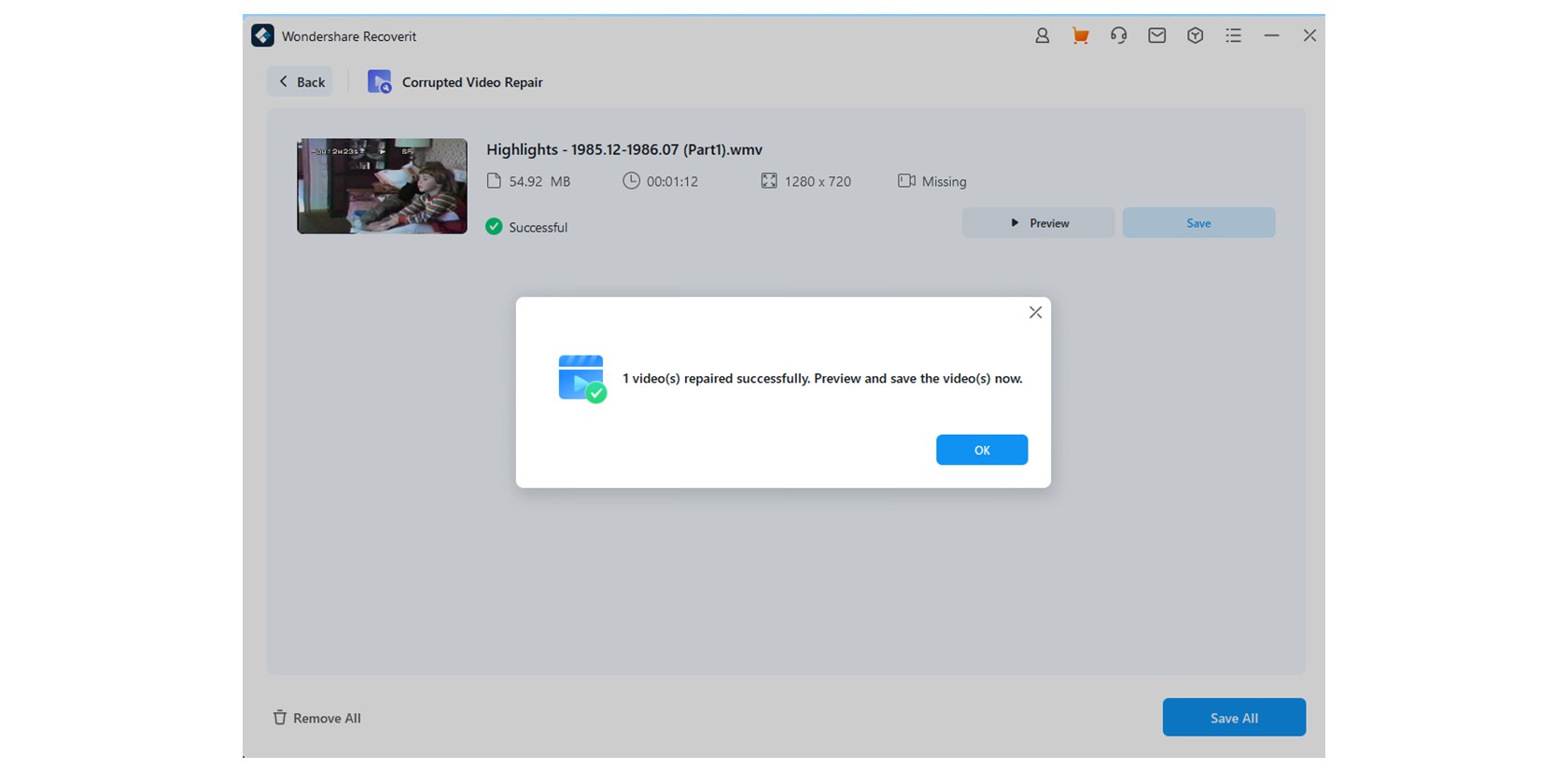 Video được sửa chữa trên giao diện phục hồi video và ảnh nâng cao của Wondershare Recoverit
