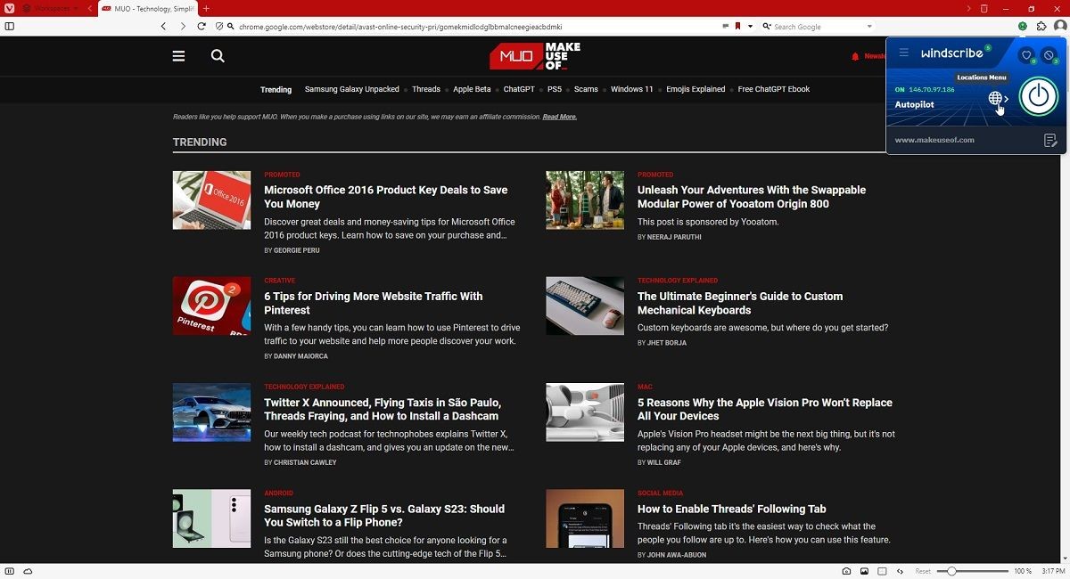 Vivaldi Windscribe Add-On