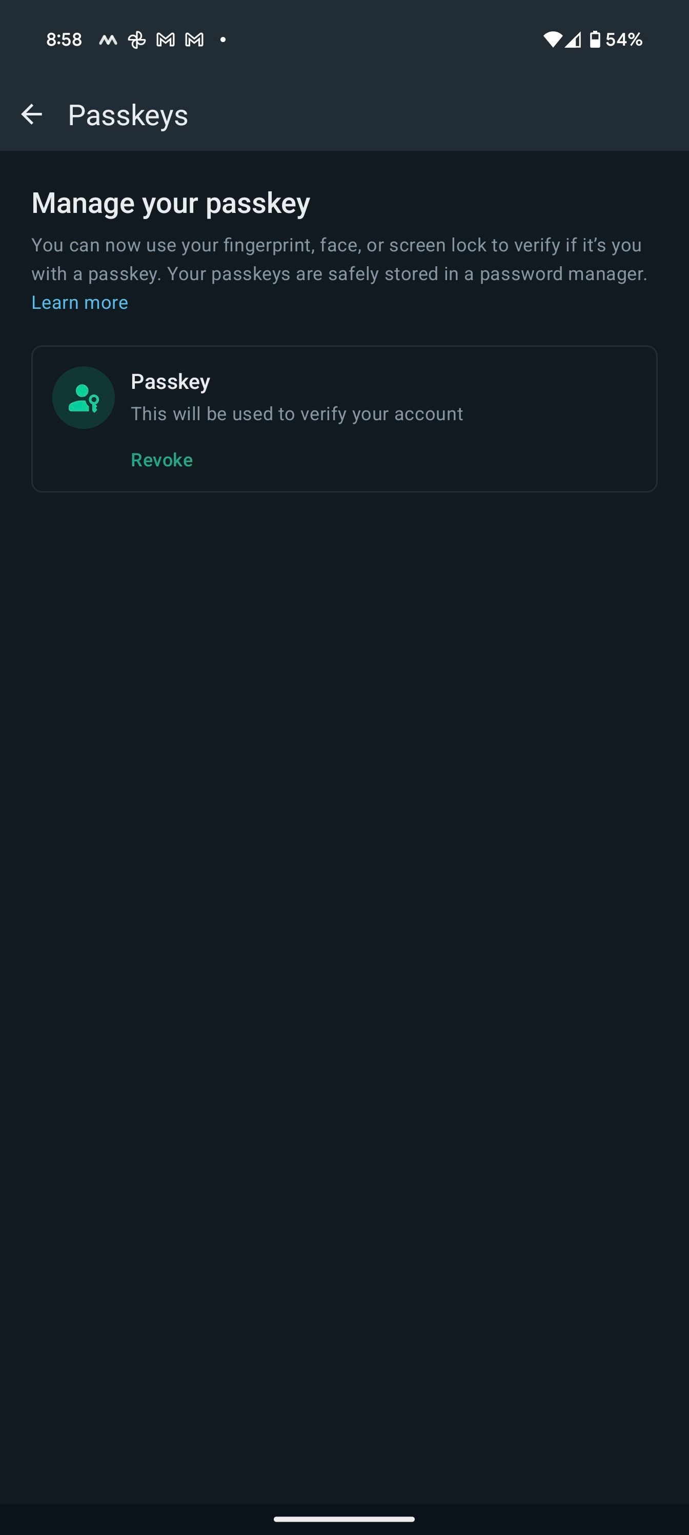 WhatsApp cho Android - Trang quản lý passkey