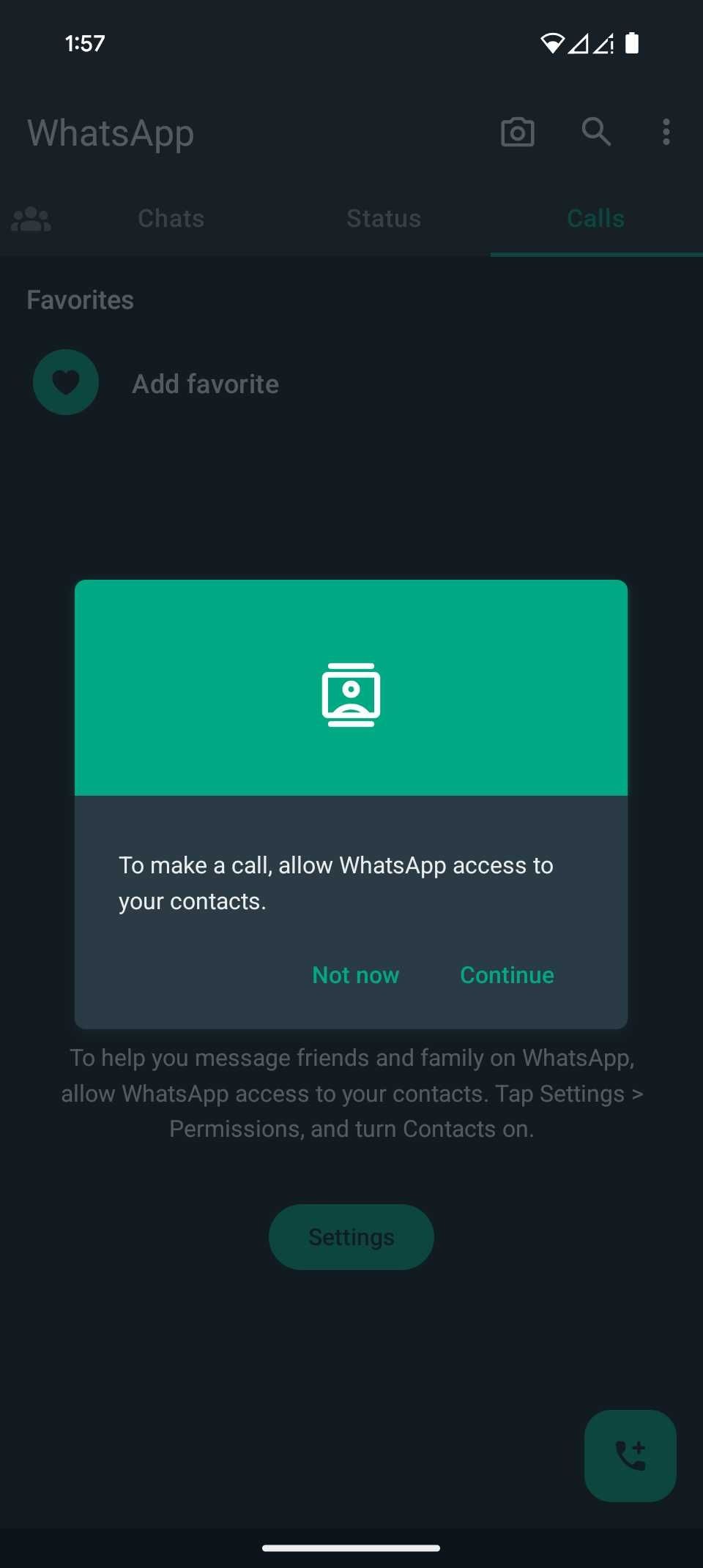 WhatsApp yêu cầu truy cập danh bạ để thực hiện cuộc gọi.