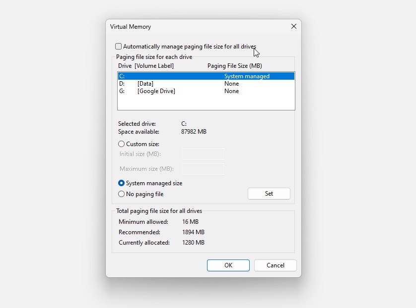windows 11 virtual memory options