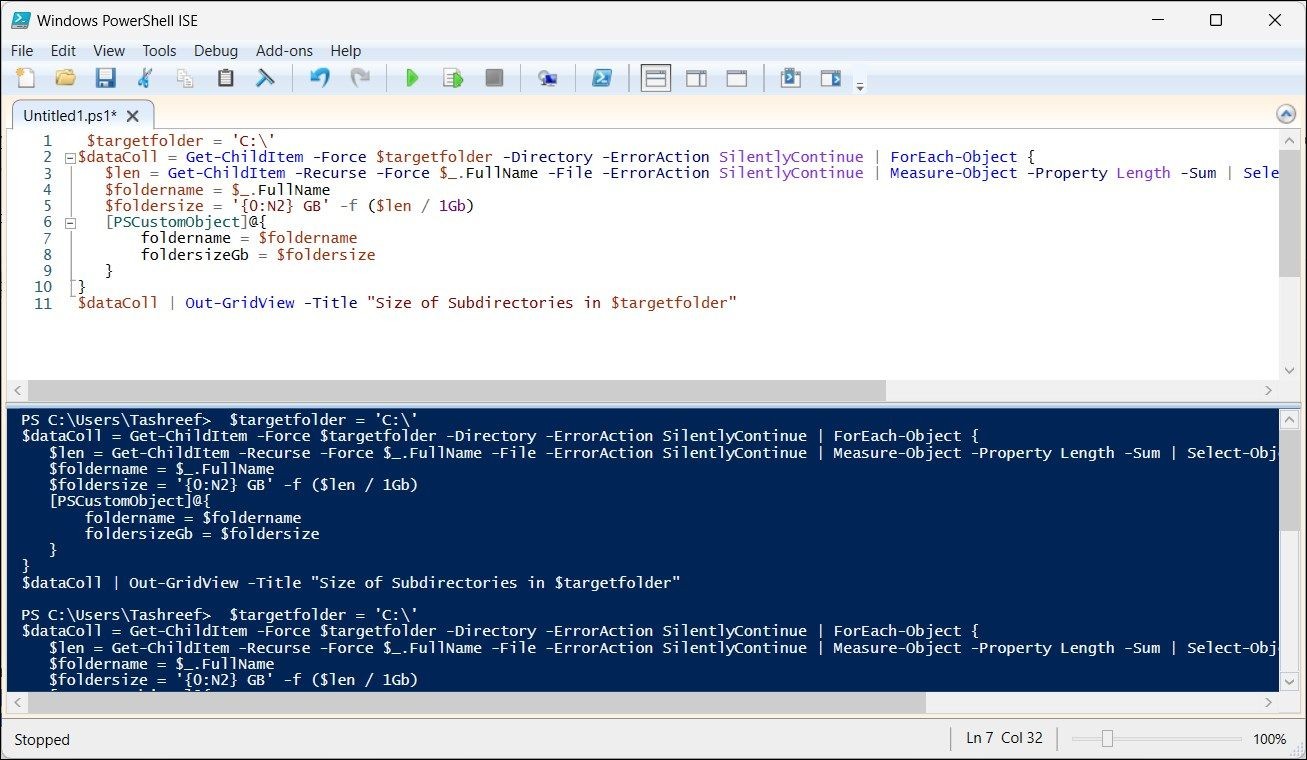 windows powershell ISE script xem kích thước thư mục