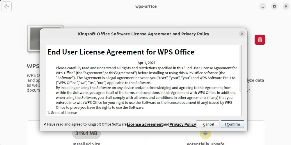 Xác nhận điều khoản và điều kiện của WPS Office trên Ubuntu