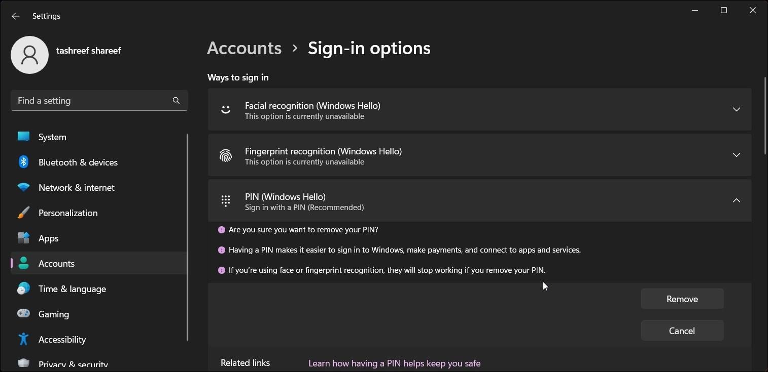 Xác nhận xóa mã PIN trên Windows 11