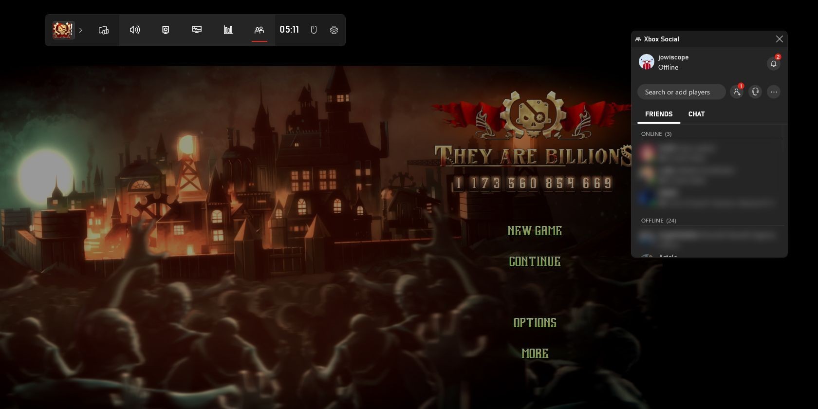 Xbox Game Bar trên Windows 11 với They Are Billions ở phía sau