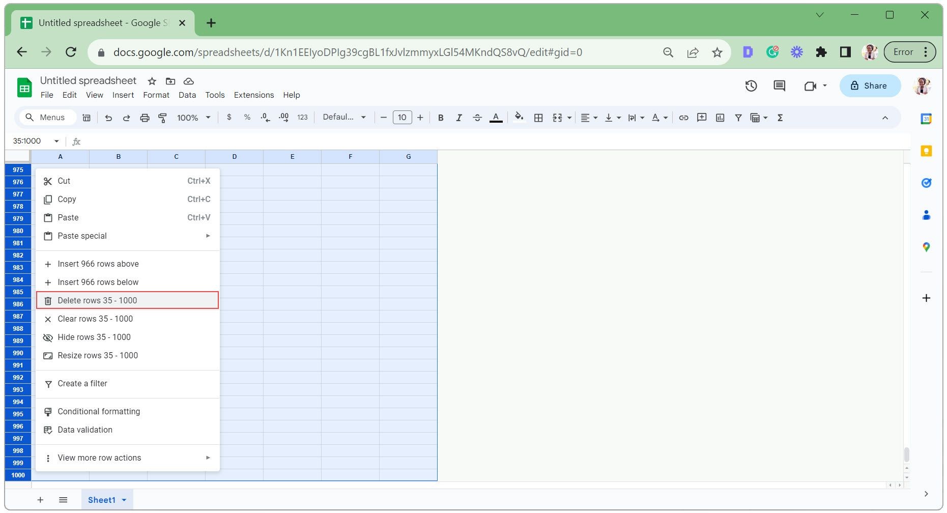 Xóa các hàng không sử dụng trong Google Sheets