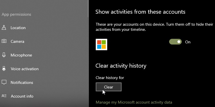 Xóa lịch sử hoạt động Windows 10