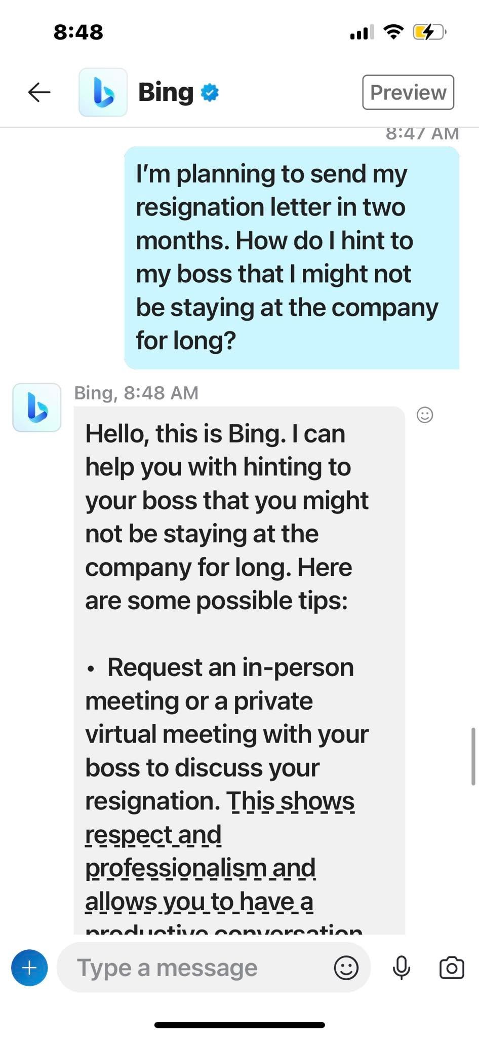 Yêu cầu Bing Chat giúp đỡ về việc từ chức