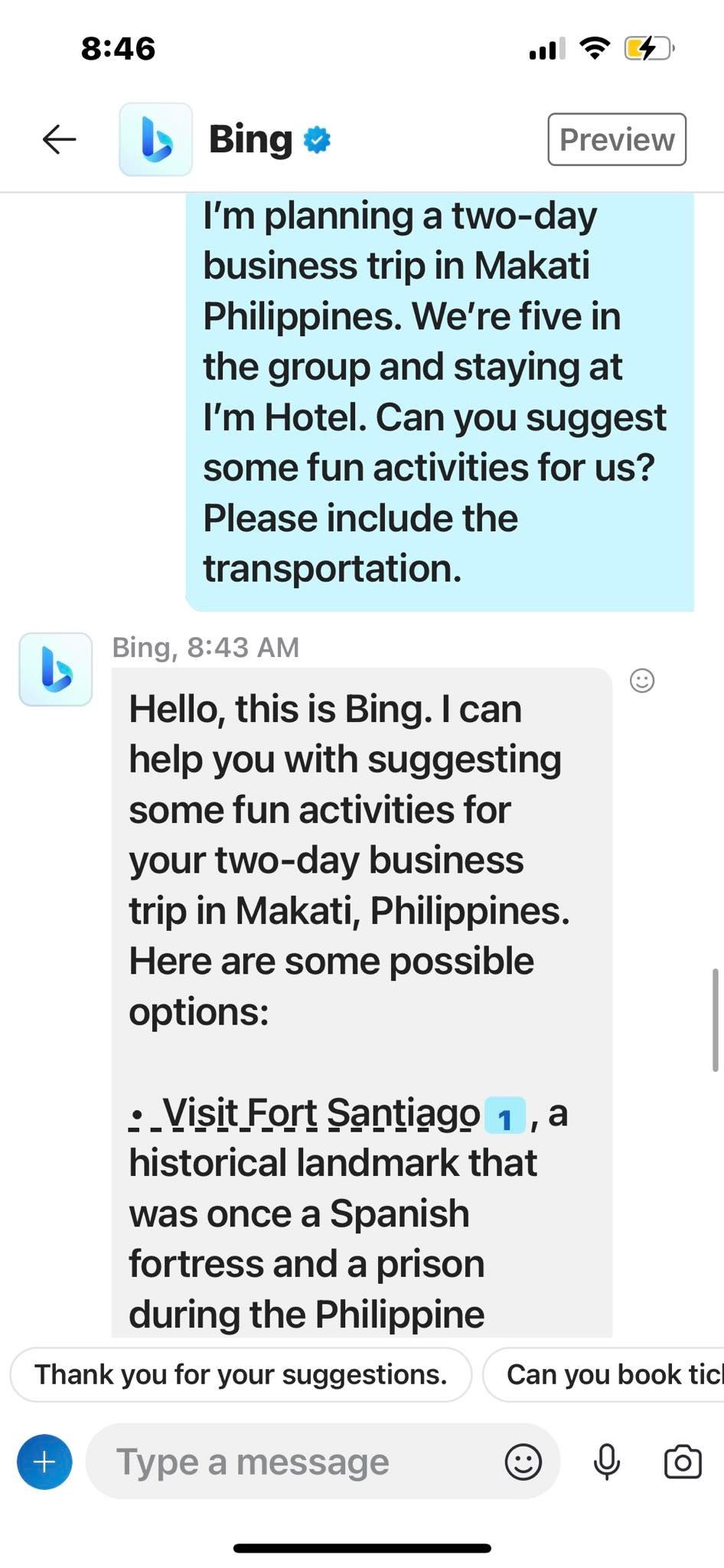 Yêu cầu Bing Chat trên Skype lập kế hoạch chuyến công tác đến Makati, Philippines