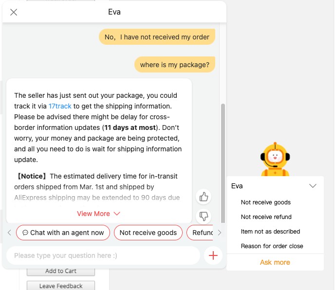 Yêu cầu hoàn tiền từ bot Eva của AliExpress